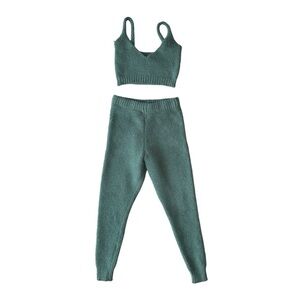 WOMENS FUZZY COZY 2-PIECE LOUNGE SET CROP TANK TOP W PANTS GREEN XS FASHION NOVA